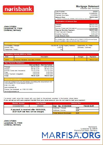 Downloadable Germany Norisbank bank mortgage statement scr example